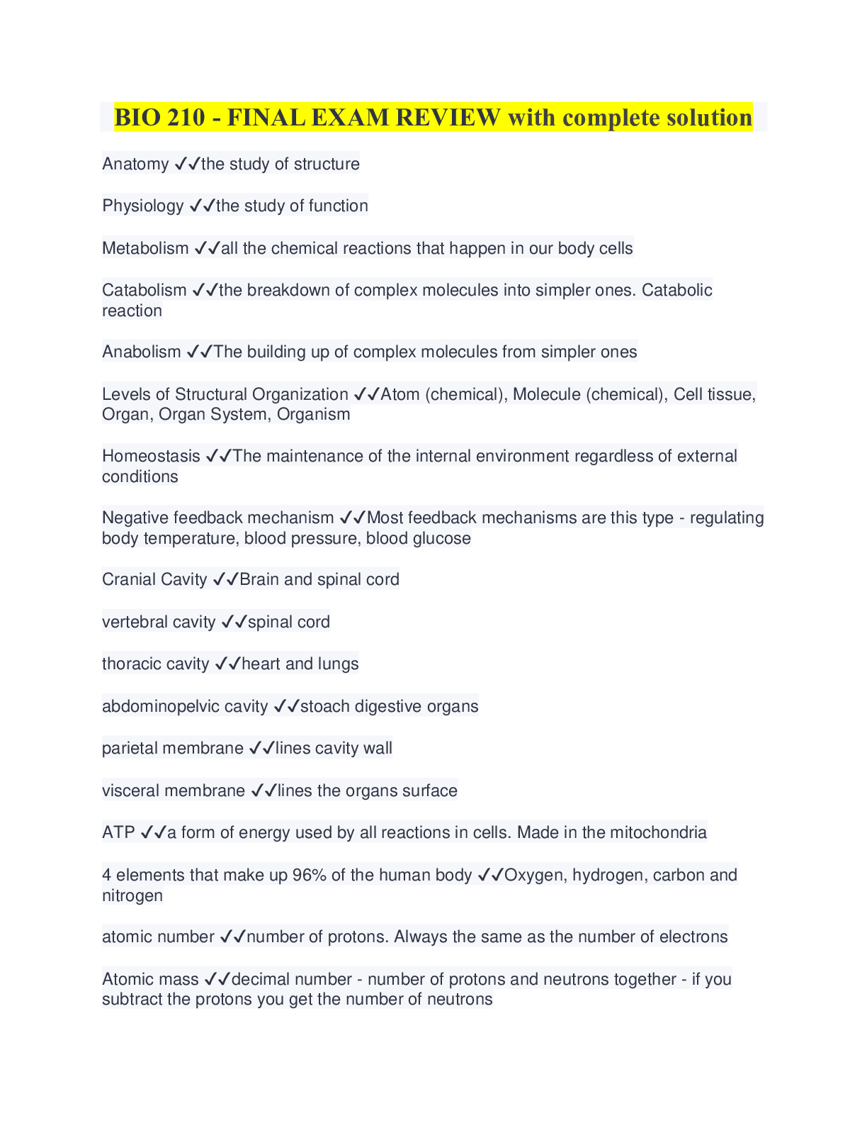 Preview image of BIO 210 - FINAL EXAM REVIEW with complete solution document